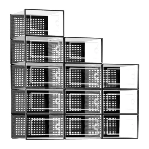 Kuject Large Shoe Organizers Storage Boxes for Closet, 12 Pack Clear Plastic Stackable Storage Bins with Lids, Under Bed Shoe Containers for Entryway, Drop Front, Fit up to Women's Size 10,Black