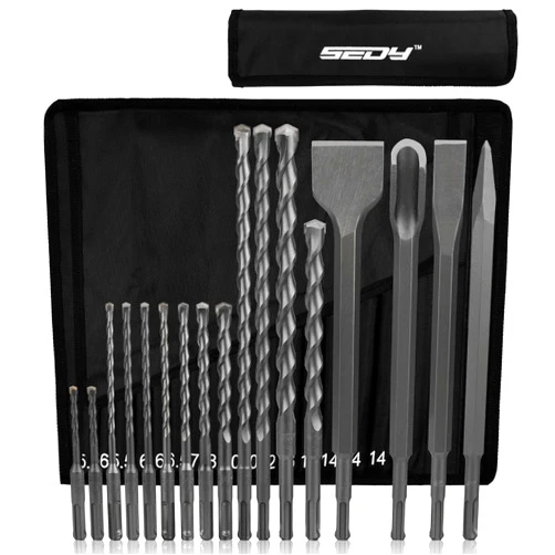 SEDY SDS-Plus Rotary Hammer Drill Bit Set - 17 Piece Heavy Duty Corded Electric Air Concrete Masonry Chipping Impact Removal Extension Rock Core Ground Floor Hole Thinset Brick Chisel Tool Storage Pouch