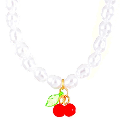 coadipress Red Cherry Fruit Necklaces for Women Dainty Crystal Summer Tropical Fruit Cherry Necklace Charms Pearl Cherry Necklace Kawaii Ruby Cherry Choker Jewelry