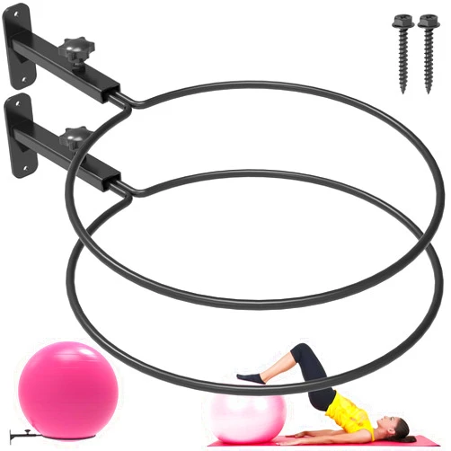 KOMOHOM Universal Wall Mounted Yoga Ball Holder 12 Inch, Adjustable Metal Exercise Ball Storage Rack for 14-30 Inch Stability Balls, Stability Ball Holder for Home Gym/Garage (2pack)