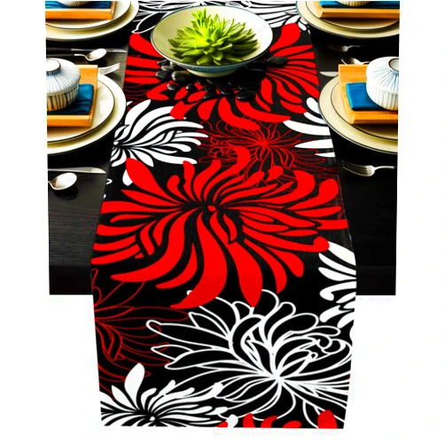 PIEPLE Floral Table Runner-Red Black White Cotton linen-Small 36 inche Dresser Scarves,Flower Tablerunner for Kitchen Coffee/Dining Table Bedroom Home Living Room,Scarf Decor for Summer Spring Holiday Dinner