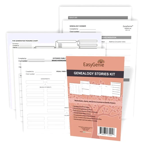 EASYGENIE Genealogy Stories Kit: Worksheets, Charts, and Forms to Preserve Family History and Ancestry (30 Sheets)