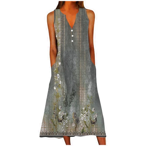 SMIDOW Women's Plus Size Summer Floral Print Casual Dress Vintage Sleeveless Neck V-Neck Long Tank Dress with Pockets