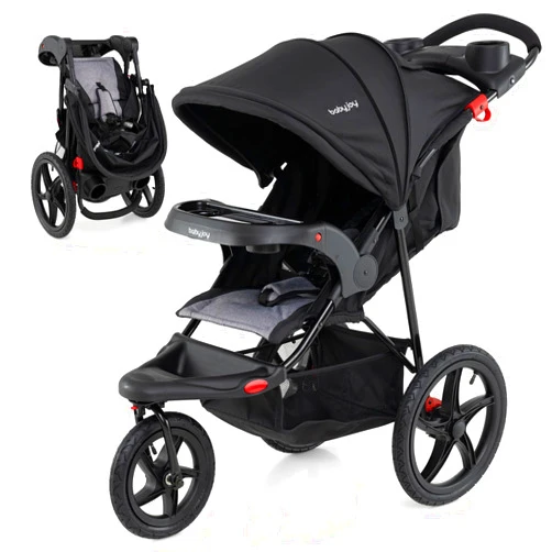BABY JOY Jogging Stroller, Foldable Jogger Stroller with Adjustable Canopy & Backrest, Air-Filled Tires, Child & Parent Tray, Cup Holders, Storage Basket, Running Stroller for Babies Toddlers (Black)