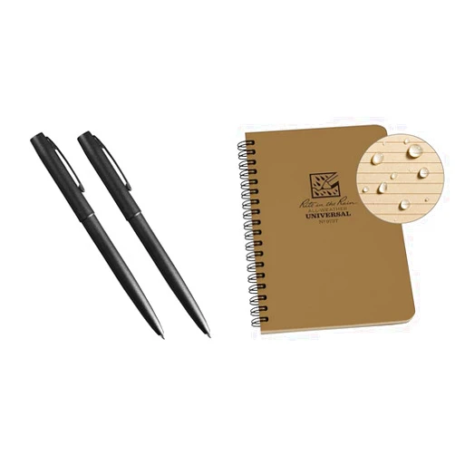Rite in the Rain Weatherproof Black Metal Clicker Pen 2 Pack & All-Weather Side-Spiral Notebook, 4 5/8