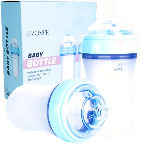 Zomee Silicone Ergonomic Baby Bottle Set: 9 oz Natural-Feel Nipple, Variable Flow, Anti-Colic Design, Leak Proof Cap for Infants and Toddlers (Set of 2)