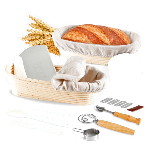 Hvygss Sourdough Bread Baking Supplies, 11 Inch Oval Banneton Basket Set Of 2 Bread Proofing Basket With Bread Lame, Dough Whisk, Dough Scraper
