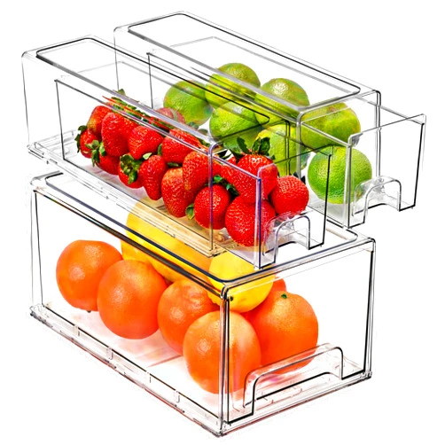 Sorbus Fridge Drawers - Clear Stackable Pull Out Refrigerator Organizer Bins - Food Storage Containers for Kitchen, Freezer, Vanity & Fridge (3 Pack | 1 Large, 2 Small Stackable Drawer Bins)