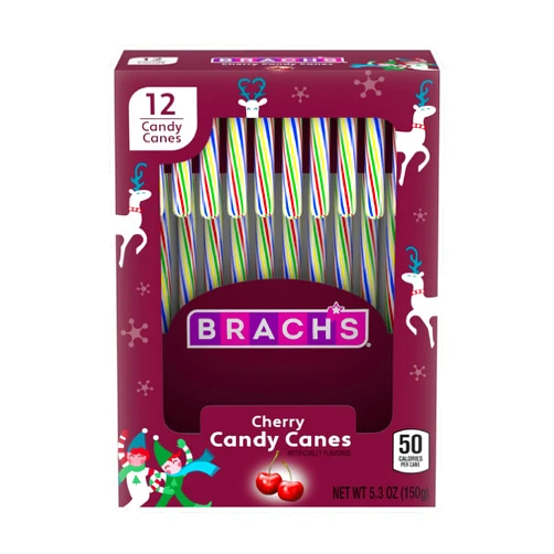 Brach's Holiday Cherry Candy Canes, 12ct Box - Individually Wrapped Holiday Classic Stocking Stuffer, Holiday Gifting and Decorating