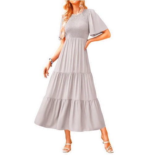 KIRUNDO Womens Fashion 2025 Spring Summer Casual Flutter Short Sleeve Midi Dress Smocked Tiered Aline Going Out Dresses