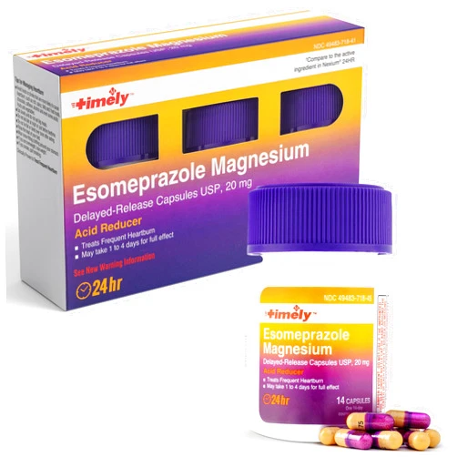 TIME-CAP LABS, INC. Timely Esomeprazole Acid Reducer 42 Capsules - Compared to Nexium 24HR - Delayed Release Esomeprazole Magnesium 20mg - Heartburn Medicine for 24hr Relief and Acid Reflux Control