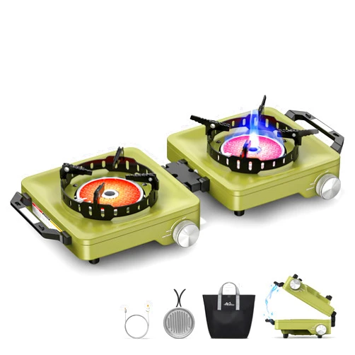 MoKo Propane Camping Stove 2 Burner, 36,000 BTU Infrared & Open Flame Hybrid, Windproof Folding Portable Outdoor Gas Cooking Kit with Frying Pan & Carry Bag For RV, Tailgating, Survival, Green