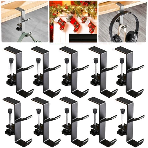 YHCFASHIPIN 2 in 1 Garland Stocking Hangers, Fireplace Stocking and Garland Hanger, Adjustable Heavy Duty Garland Hanger and Stocking Mantel Holders with 2 Hooks for Home Christmas Decoration (Black-10PCS)
