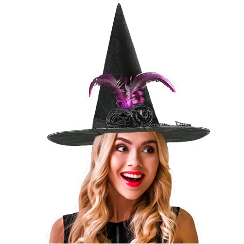 CoFashion Halloween Black Witches Hat for Women - Fancy Velvet Witch Hats with Purple Feathers,Flowers and Beads for Halloween Party Cosplay Costume Accessory