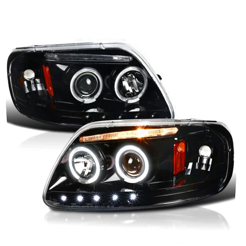 Spec-D Tuning Jet Black LED Strip Halo Projector Headlights Compatible with 1997-2003 Ford F150, 2004 Ford F150 Heritage, 1997-2002 Ford Expedition, Left + Right Pair Headlamps Assembly