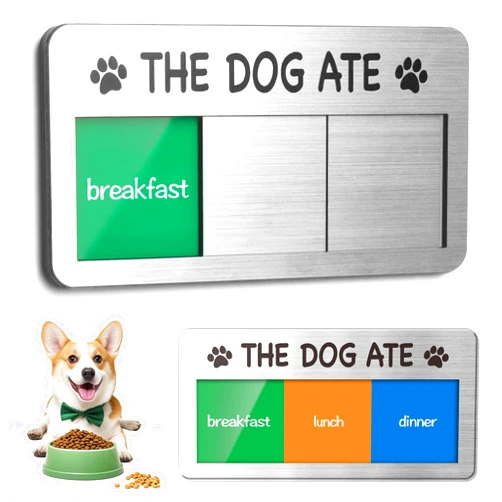 EliteSign Dog Fed Sign- Dog Feeding Chart 3 Times A Day,Pet Feeding Reminder,Did You Feed The Dogs Tracker With Magnets and Double Sided Tape for Fridge, Prevent Over Feed, Brushed Silver