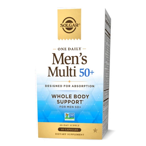 Solgar One Daily Men's Multi 50+ Whole Body Support for Men 50 and Older Highly Absorbable Delayed Release Heart, Energy, Stress, Muscle, Bone, Prostate Support Vitamin 60 Vegan Capsules, 60 Servings