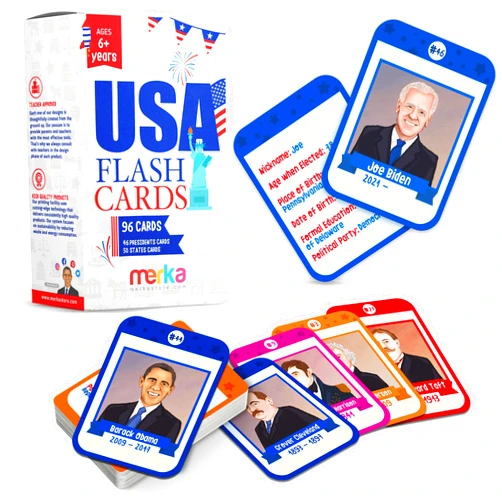 Merka 96 Pack US Presidents Flash Cards, US States and Capital Flash Cards for Kids Learning 50 States and 46 USA Presidents, Great Historic and Geography Facts
