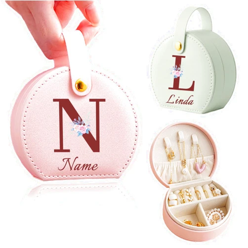 HJX Personalized Travel Jewelry Case Custom Name Jewelry Organizer Box,Personalized Gift for Girls Woman Bridesmaid (02-Initial)