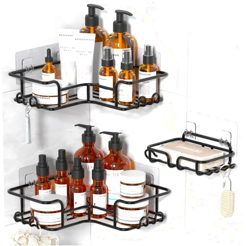 YASONIC Corner Shower Caddy Adhesive, 3 Packs Shower Organizer with Soap Holder and 12 Hooks, Rustproof Corner Shower Shelves, No Drilling Shower Shelf for Inside Shower (Bright Black)