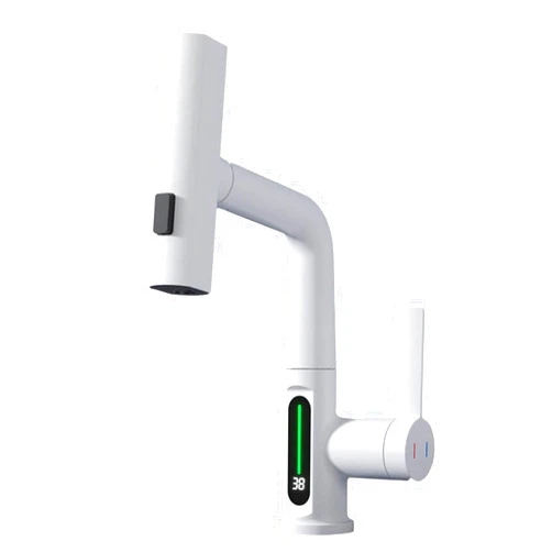 ASCDAP LED Bathroom Faucet with Pull Out Sprayer, Bathroom Sink Faucet with 3-Modes,Brass Single Handle Liftable Basin Mixer Taps,White