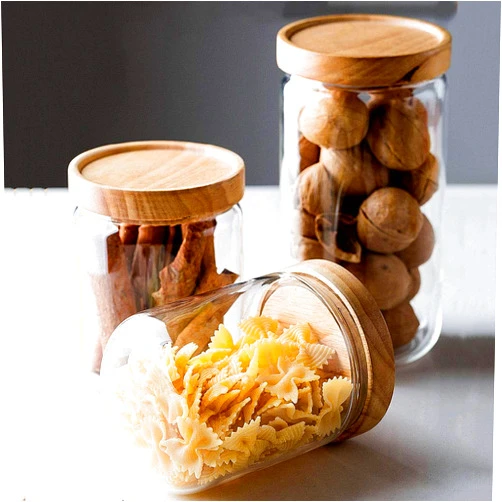 CJSWT Glass Jar Set, Air Tight Canister Storage Containers with Natural Rubber Wood Lids for Jam Pasta Spaghetti Tea Coffee Beans Cookie Snack
