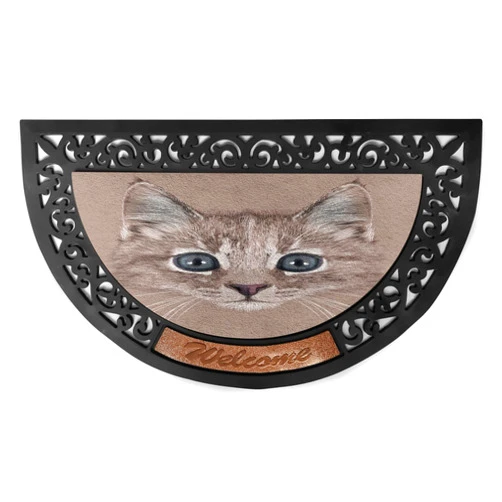 Ambesonne Animal Doormat, Portrait of Domestic Cat Face Kitten Pet Whiskers Fluffy Feline, Semi Circle Entryway Welcome Mat for Front & Backard 2 Pieces, 19.6