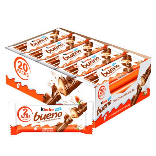 Kinder Bueno Milk Chocolate and Hazelnut Cream, Bulk 20 Pack, 2 Individually Wrapped Chocolate Bars Per Pack, 30 oz