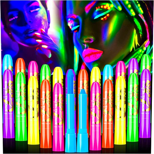 Handepo 24 Pcs Glow in the Black Light Face Paint Crayons Neon Face Body UV Light Paint Kit Fluorescent Halloween Masquerade Makeup for Adult Mardi Gras Parties(Rainbow Color)