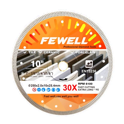 FEWELL 10 Inch Super Thin Diamond Tile Blade Porcelain Saw Blade Turbo Mesh Ceramic Cutting Blade for Cutting Ceramic Tile Porcelain