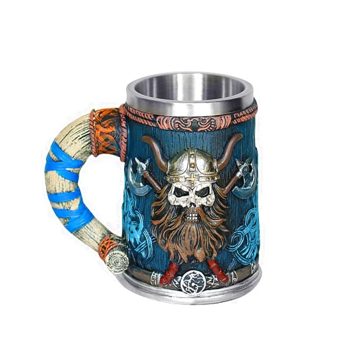 OTARTU Valhalla Viking Stainless Steel Single Handle Horn Skull Beer Stein Cup, Nordic Viking Warrior Skull Mug Tankard 17oz, Halloween Bar Drinkware Men’s Gift