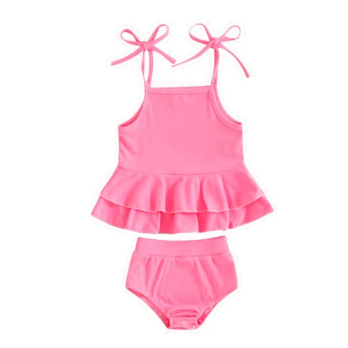 Ynibbim Toddler Girl Swimsuit Outfit Infant Baby Solid Color Bikini Bathing Suit Straps Crop Top Shorts Summer Beach Clothes