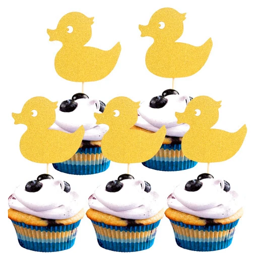 LeeLeeAn 48Pcs Gold Duck Cupcake Toppers - Gold Glitter Little Yellow Duck Cupcake Topper for Baby Gender Reveal Party/Baby Shower/Animal Farm Themed Party/Girls Boy Birthday Party (gold duck)