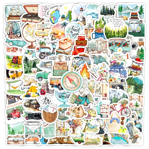 Caakkee 100PCS Outdoor Camping Stickers, Travel Hiking Stickers for Water Bottle Luggage Guitar Notebook Scrapbook, Nature Decals for Kids,Teens,Adults