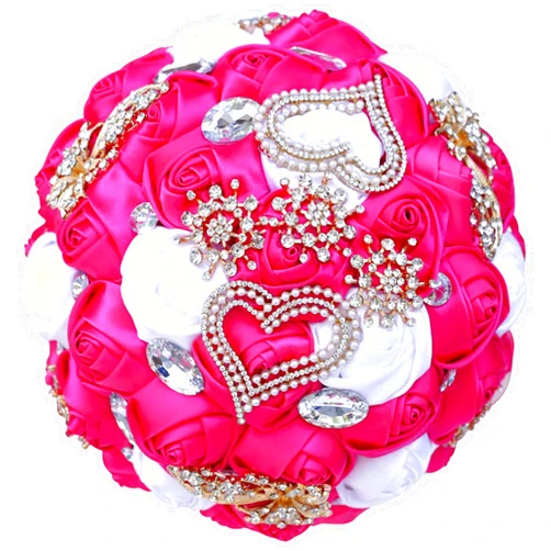 XINNI Brooch Bridal Wedding Bouquet Bride Bridesmaids Satin Rose Flower with Heart-Shape Rhinestone for Wedding Quinceanera Bouquet Rose Red and White