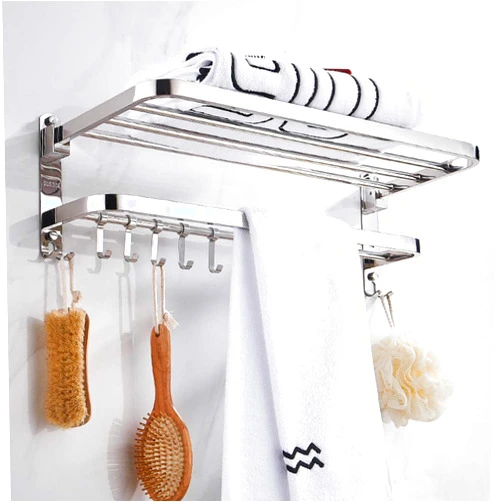 Vkeid Stainless Steel Hotel Home Kitchen/Sanitary Home Wall-Mounted Towel Rack Towel Storage Rod Towel Rail, Wall-Mounted Double Storage Shelf with Hooked Bathroom Acces