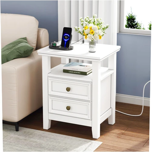 BOSHIRO White Nightstand with Charge Station,Sofa End Table with 2 Drawers & Storage Shelf,Bed Side Table with USB Ports & Outlets for Bedroom，Home Office