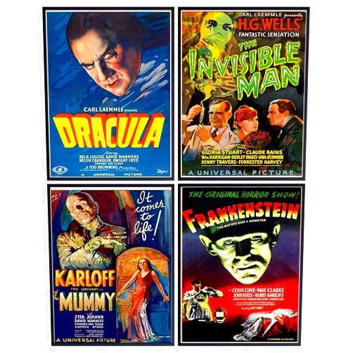 YELLOWBIRD ART & DESIGN Dracula - The invisible Man - The Mummy - Frankenstein - Vintage Horror Monster Movie Poster Set - Home Theater Wall Art Decorations - Creepy Classic Scary Movie - Man Cave, Boys Bedroom, Teens Room