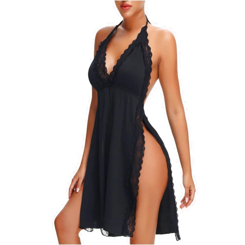 Jndong Hot Halter Backless Lace Trim Side Split Dress for Women