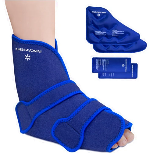 KingPavonini Ankle Foot Ice Pack Wrap for Sprained Ankle and Surgery Recovery, Reusable Gel Ice Packs for Feet Injuries, Plantar Fasciitis, Achilles Tendonitis, Hot/Cold Therapy (1 Wrap+4 Gel Packs)