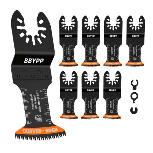 BBYPP 7pcs Curved Japanese Tooth Oscillating Saw Blades, Curved Edge Oscillating Multitool Blades Clean Cut for Wood, Plastic