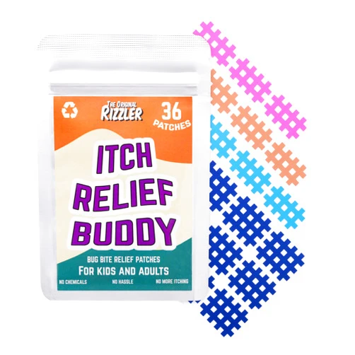 The Original Rizzler Itch Relief Buddy – Bug Bite Relief Patches for Kids & Adults – Chemical-Free, Easy-Apply Stickers Stop Scratching Fast – 36 Colorful, Waterproof Grid Patches