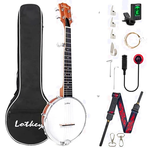 LOTKEY Banjo 5-String MINI Banjo, Lotkey Tenor Banjo Closed Sapele Back Banjo for Professional Beginners with Extra Strings Strap Pick-up Picks Tuner Bag (26-Inch)