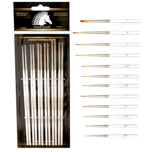 MyArtscape Artist Supplies Miniature Paint Brushes, Set of 12 for Detail & Fine Point Painting - use with Acrylic, Watercolor, Oil, Gouache - for Pinstriping, Warhammer 40k, Models & Lettering White