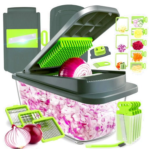 Kitexpert Vegetable Chopper,Onion Mincer,Dicer,Slicer with 8 Blades and Container with Lid,15-in-1 Multifunctional Vegetable Chopper,Home Essentials & Kitchen Gadgets, Salad Chopper.