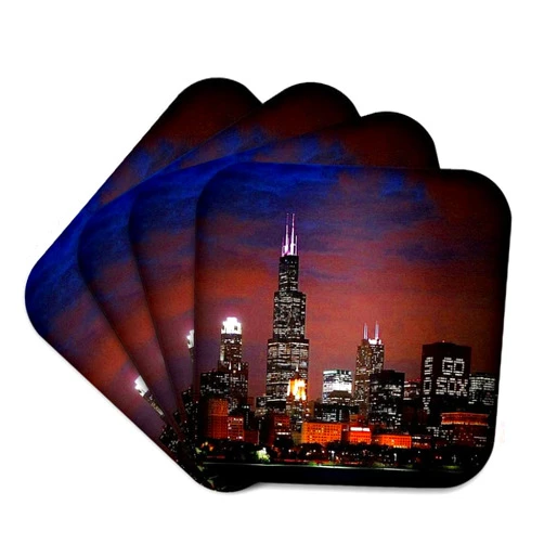 3dRose cst_26369_1 Chicago Skyline at Night-Soft Coasters, Set of 4