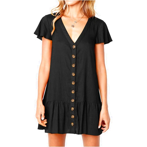 Imysty Womens Polka Dot V Neck Button Down Ruffles Loose Mini Short T-Shirt Dress