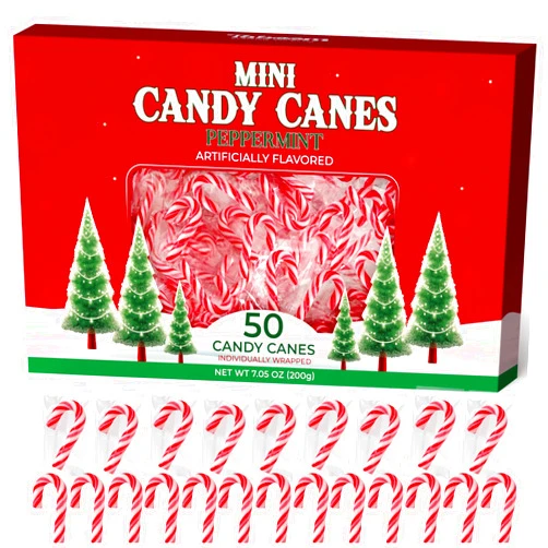 Taboom Mini Candy Cane Individually Wrapped 50 Pack - Small Peppermint Candy Canes Red & White Christmas Candy For Holiday Gifts, Stocking Fillers, Party Favors & Decorations