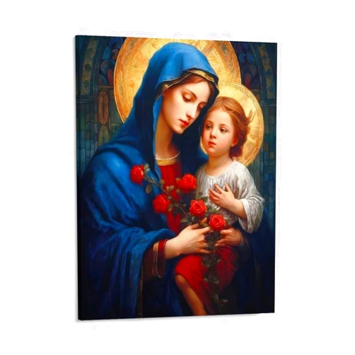Generic Virgin Mary And Jesus Portrait Canvas, Virgin Holding Baby Jesus Painting, Floral Red Rose Poster, Nursery, Children's Room, Bible, Church, Chapel, Religious Baptismal Wall Decoration Art 16x20inch