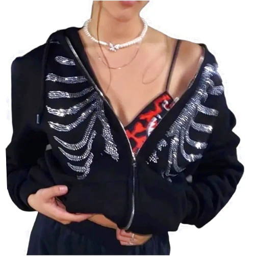 ANKOMINA Women's Rhinestone Skeleton Hoodies Zip Up Sweatshirts Y2K Long Sleeve Skull Jacket Pullover Tops